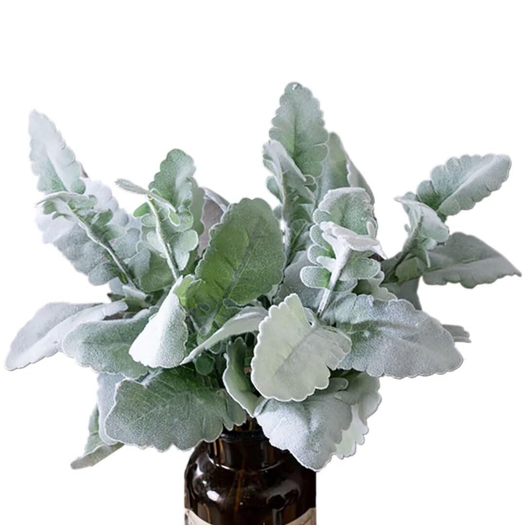 6Pcs Artificial Frosted Lambs Ear Leaves Green Silk Lambs Ear Stems Faux Dusty Miller Branches Flocked Dusty Miller Bush Fake Greenery Picks for Home