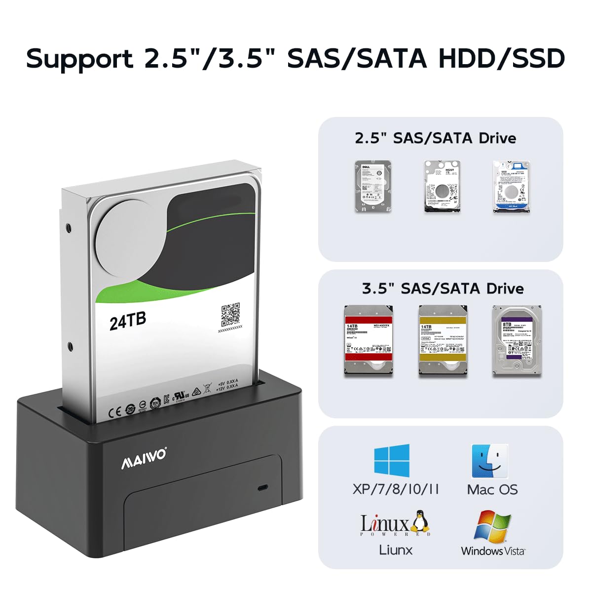 MAIWO Adaptador SAS a USB 3.0, Lector de Carcasa de Disco Duro SAS SATA para SSD HDD de 2.5 3.5 Pulgadas, Capacidad de 24 TB, estación de Acoplamiento de Disco Duro Externo con alimentación de 12 V/2