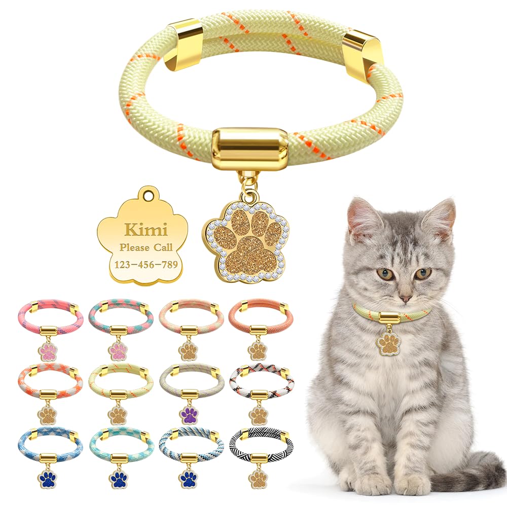 Personalized Breakaway Cat Collars with Magnetic Quick Release Buckle, Custom Engraved Name Tag for Girls & Boys Cats, Glow in The Dark Design for Outdoor Cats (Yellow)