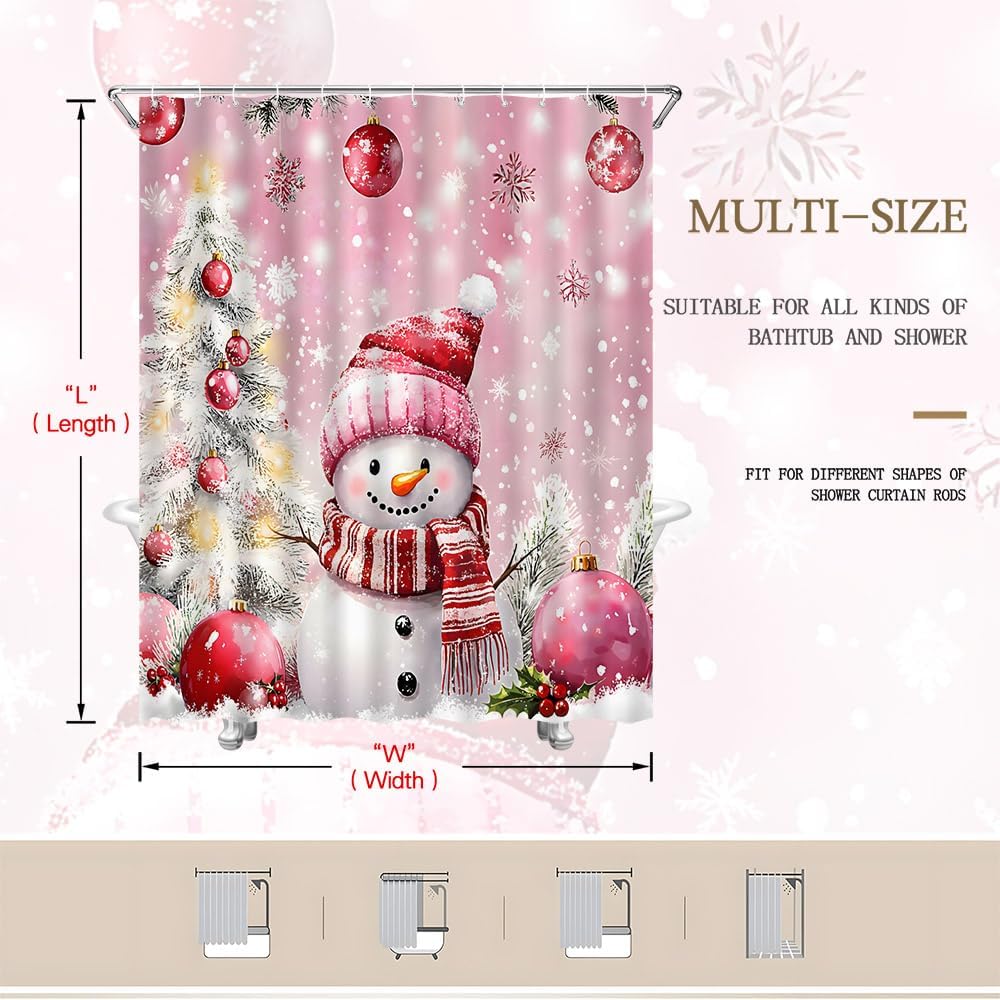 Winter Snowman Shower Curtain Pink Christmas Balls Xmas Tree Snowflake Pine Trees Snow Scene Cute Rustic Snowmen New Year Holiday Bathroom Decor Curtains Set with Hooks