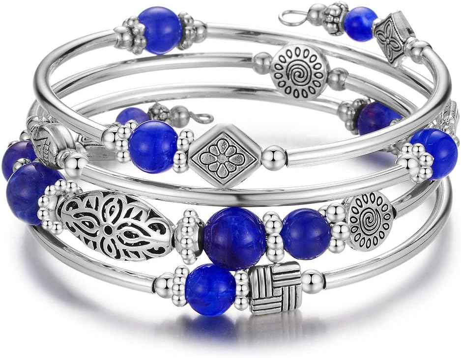 Layered Wrap Bangle Turquoise Bracelet - Bead Bracelet with Natural Agate Stone, Gifts For Women