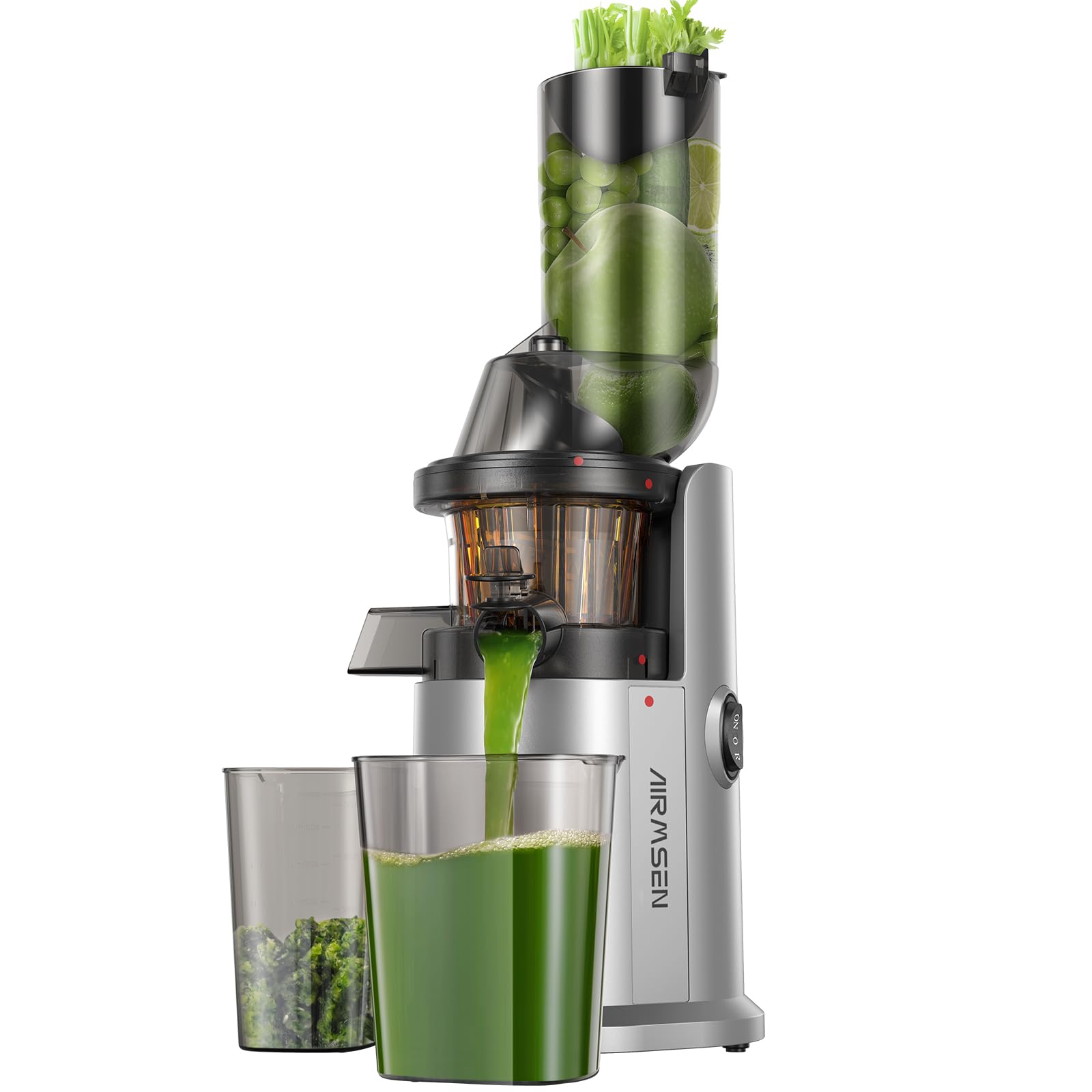 AIRMSEN Extractor de Zumos y Verduras, 82MM Apertura Extractor de Jugo para Verduras y Frutas Enteras, Licuadora Prensado en Frío Slow Juicer Sin BPA, Fácil de Instalar, 150W (Plata)