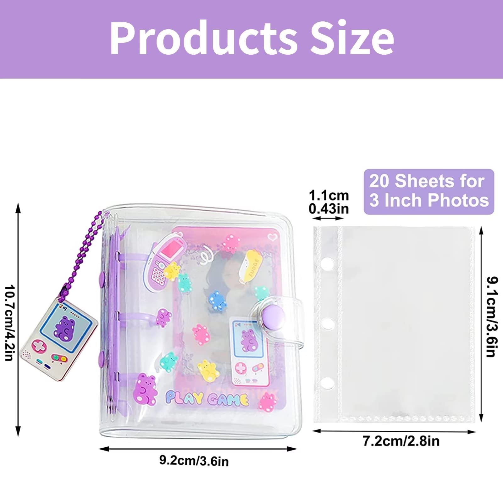Mini álbum de Fotos de Oso púrpura, Libro de colección de Tarjetas fotográficas de 3 Pulgadas, Libro de Almacenamiento de imágenes Transparentes para la cámara Kawaii,40 Bolsillos