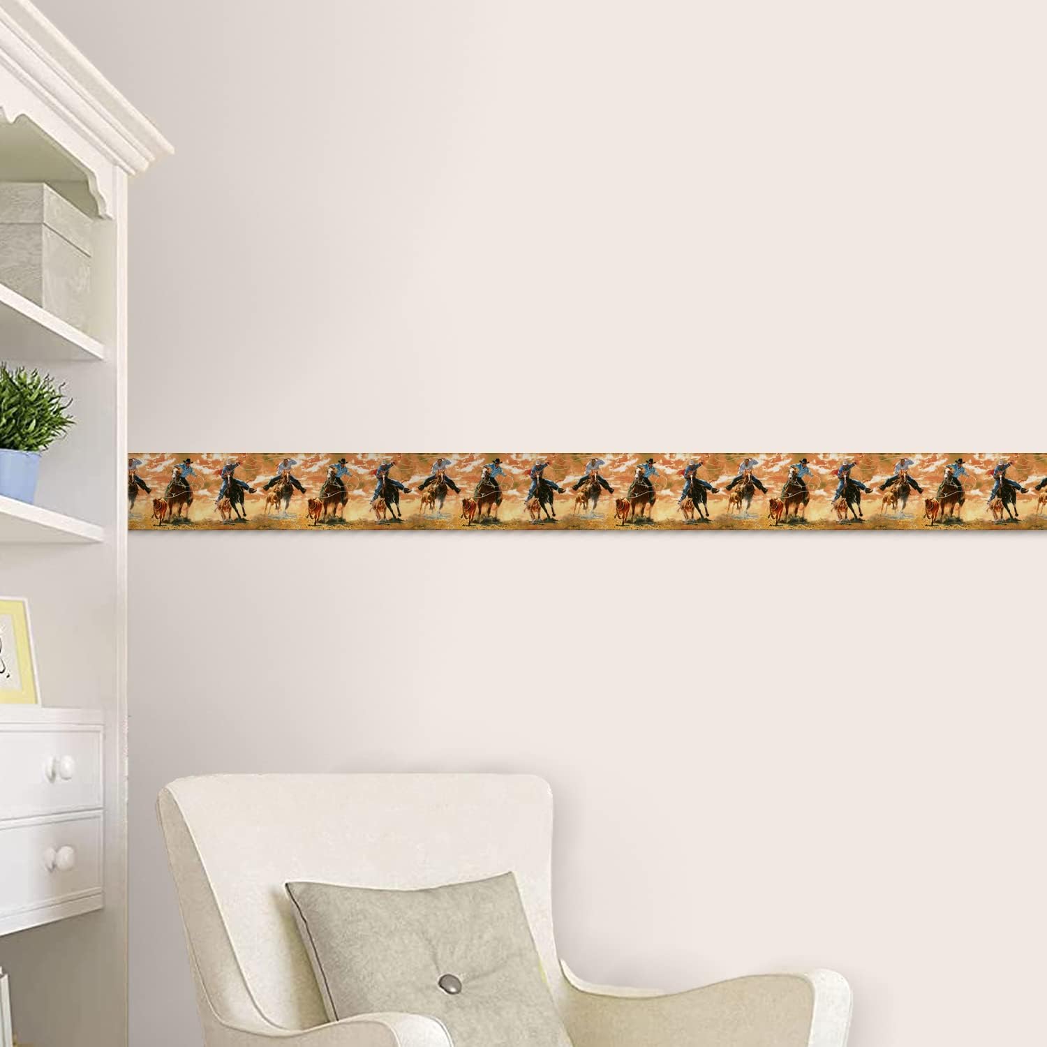 CONCORD WALLCOVERINGS ™ Wallpaper Border Country Pattern Horses Hunters Calves for Cottage Kitchen Dining Room, Brown Blue, 15 Feet by 10.25 Inches IN2648B