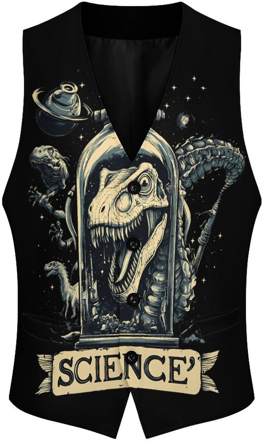 Science Dinosaur Casual Suit Vest for Men Formal Business Dress Regular Fit Waistcoat Tuxedo
