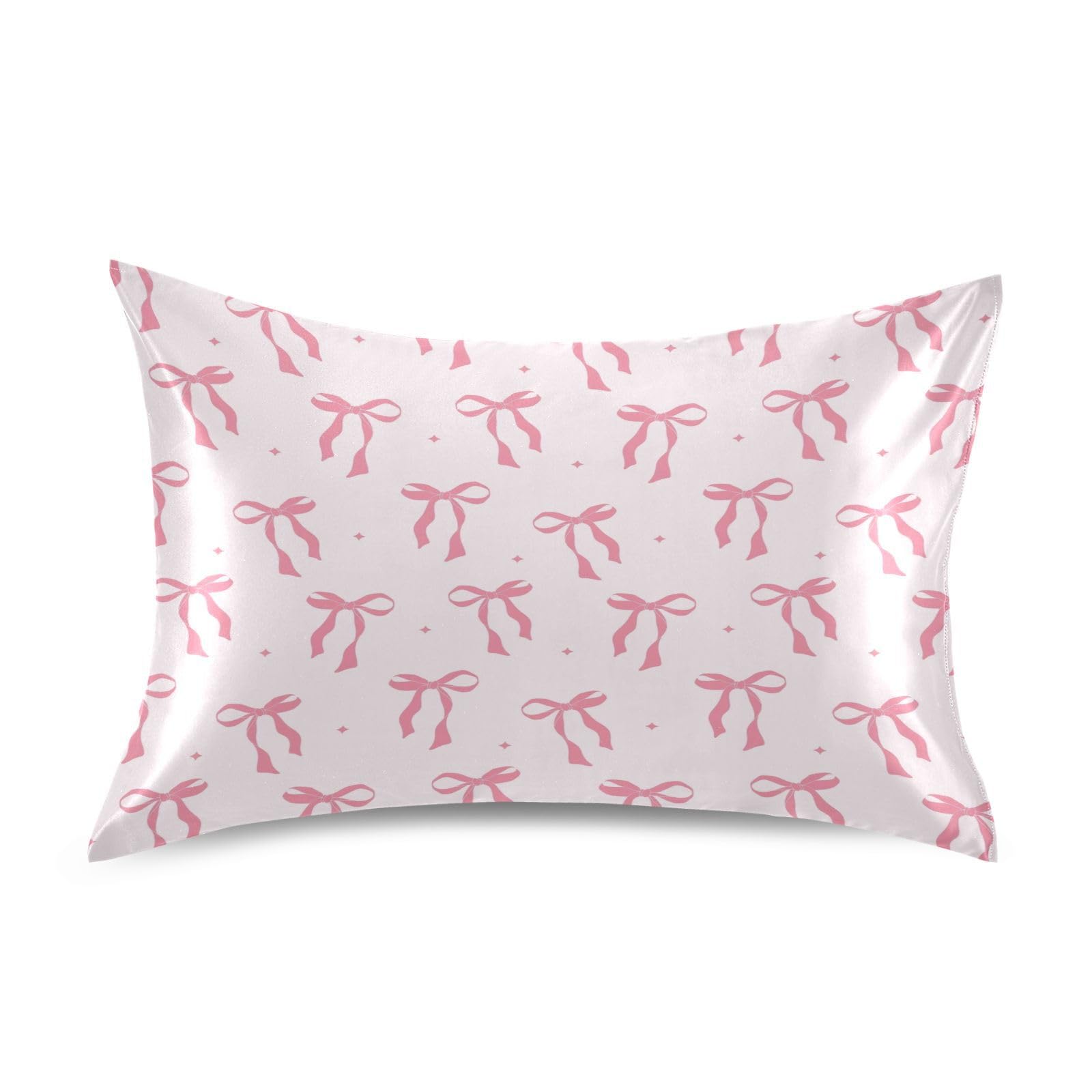 KEEPREAL Pink Ribbon Bow Satin Pillowcase for Hair and Skin Silk Pillowcase - Satin Pillow Covers with Envelope Closure, Standard Size(20x26 inches)