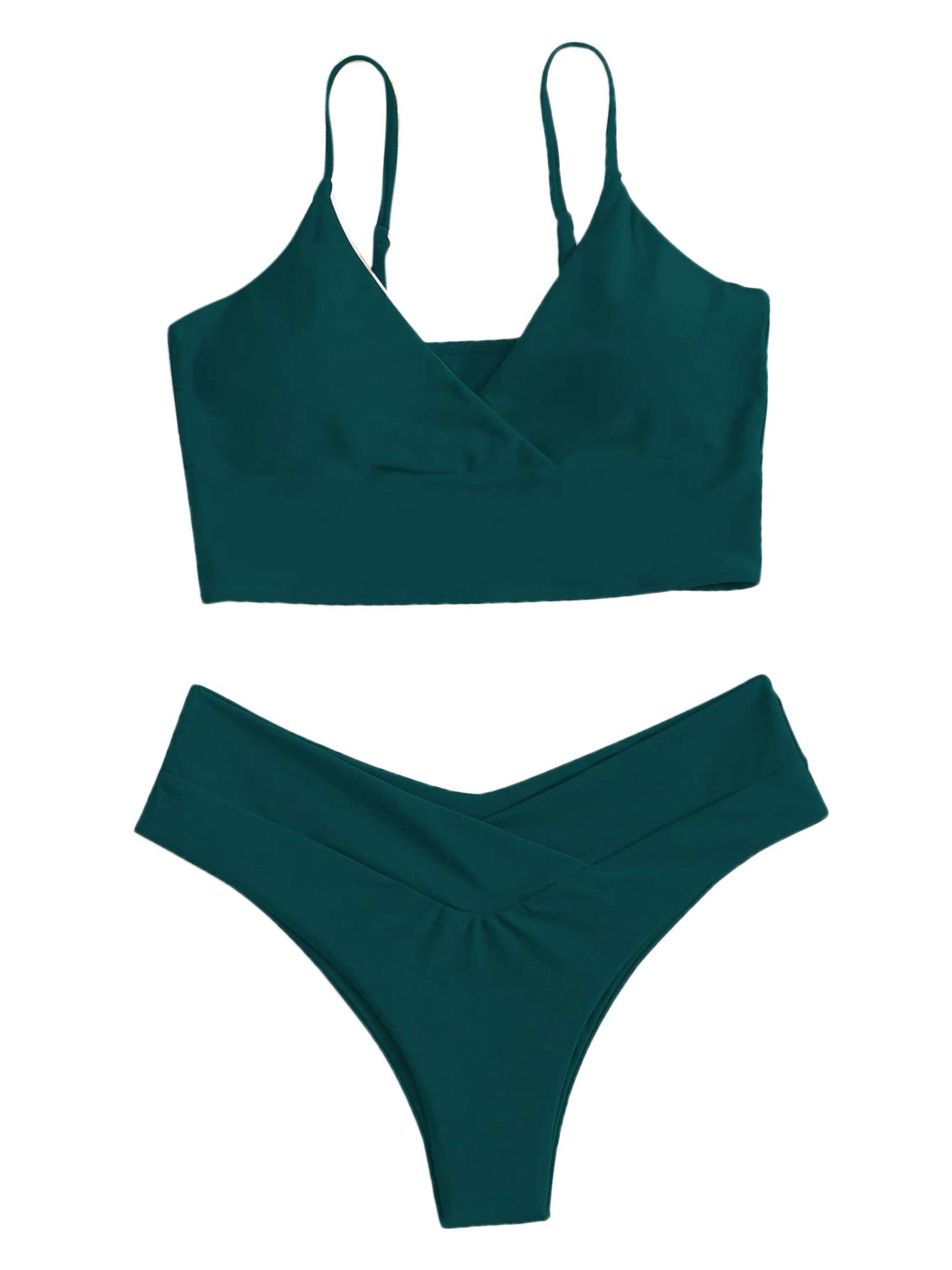 Women's Swimsuit Wrap V Neck Sleeveless Bikini Top and High Cut Thong Set Bathing Suit