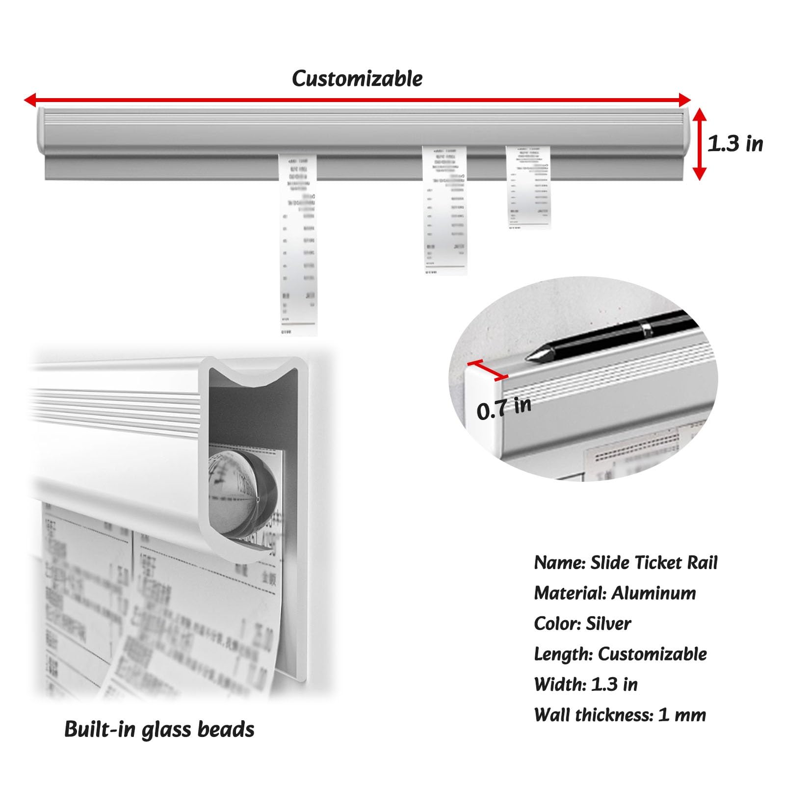Soporte de pared para recibos, Riel for billetes de pedido restaurante, autoadhesivo, sin taladro, con ranura for bolígrafo, varios tamaños(L 8inch) | L 20 cm