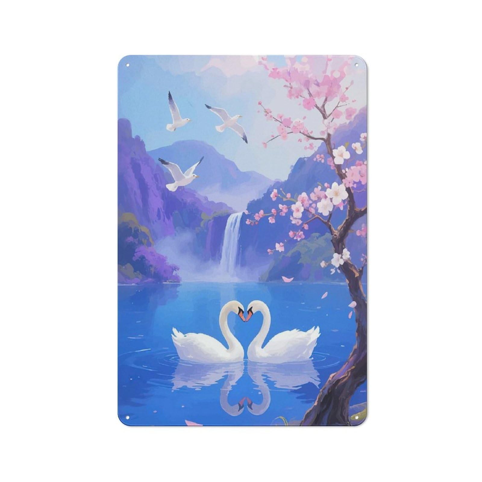 Junmoney Style-14 Swan Spring Landscape Metal Wall Plaque 30X20cm, Character Room Wall Plaque For Hallway, Home Bar, Garage Or Study