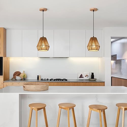 Miniatura 2 de Paquete de 2 luces colgantes de ratán tejido, 7 pulgadas, lámparas colgantes bohemias con pantalla de jaula tejida a mano, iluminación colgante