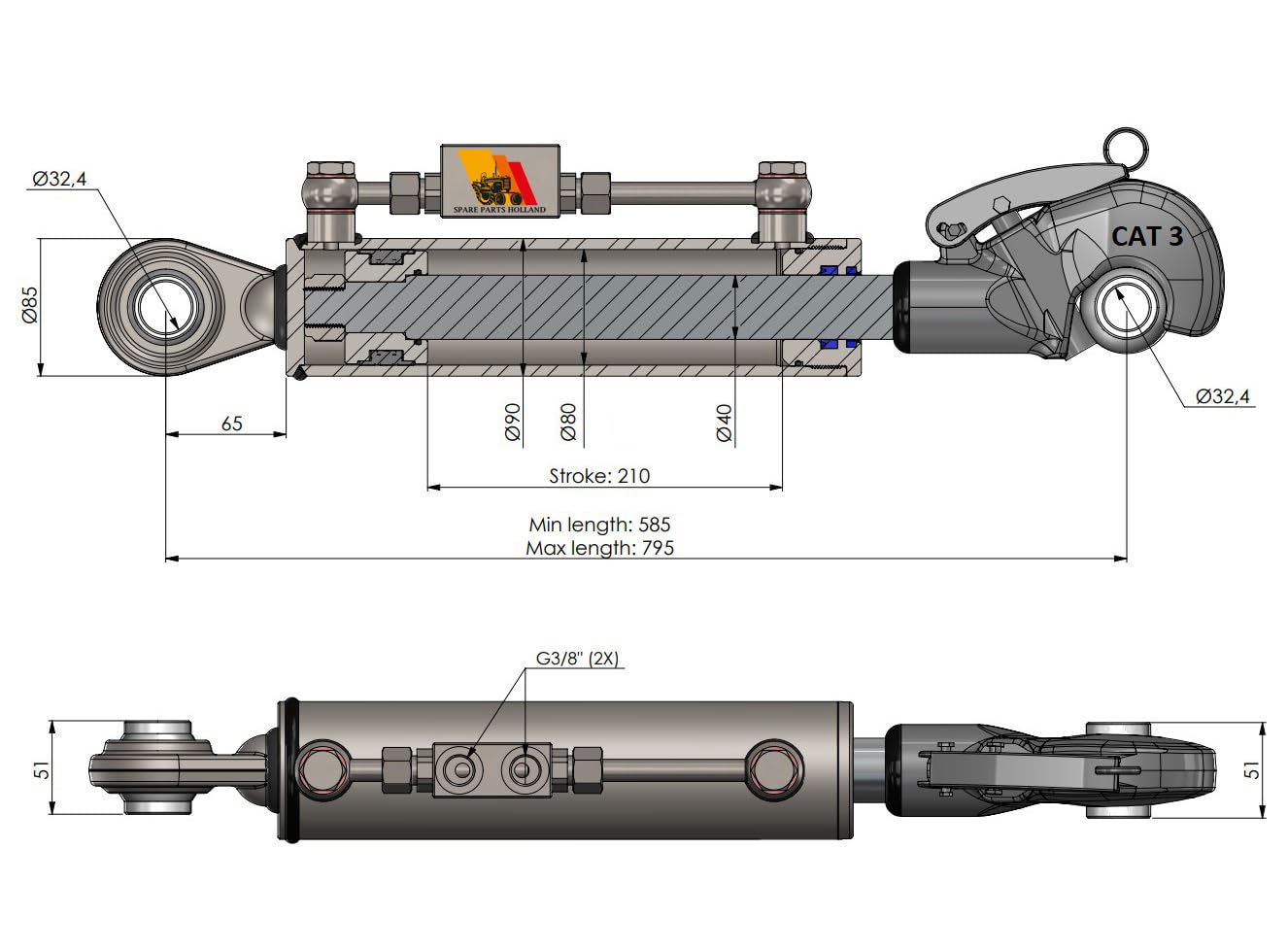 Hydraulischer Oberlenker Kat 3 - Ø32,4 (585-795 mm) mit Fanghaken, Sperrblock und 2 Schläuchen