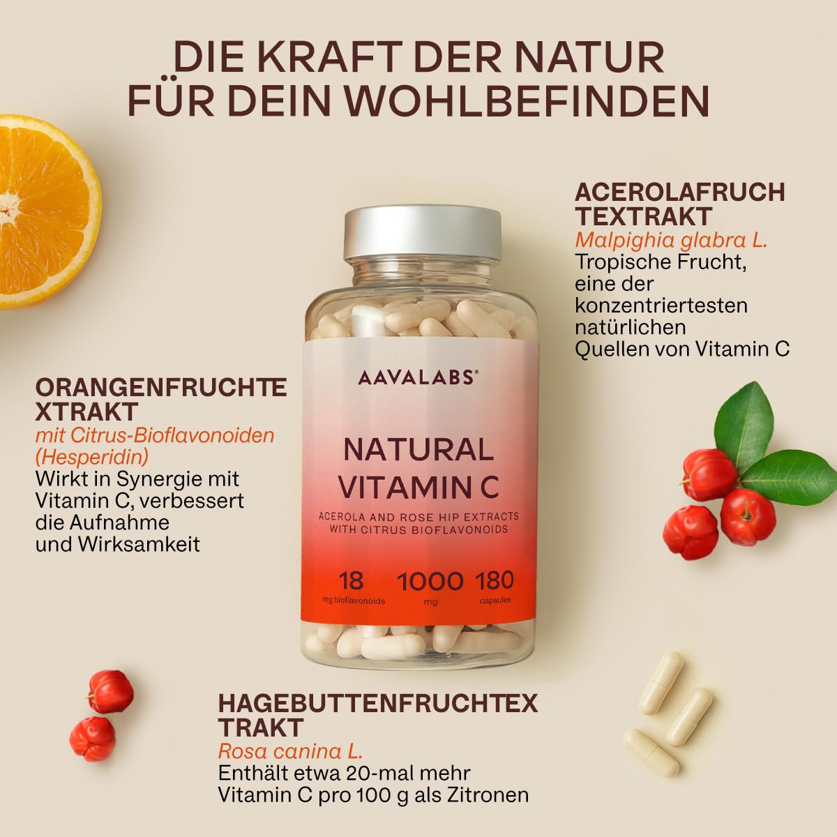 Vitamin C Hochdosiert Vegan - Acerola Vitamin C 1000mg pro Tagesdosis (2 Kapseln) mit Hagebutten, und Zitrus-Bioflavonoiden aus Orangenfrucht Extrakt - 180 Natürliches Vitamin C Kapseln
