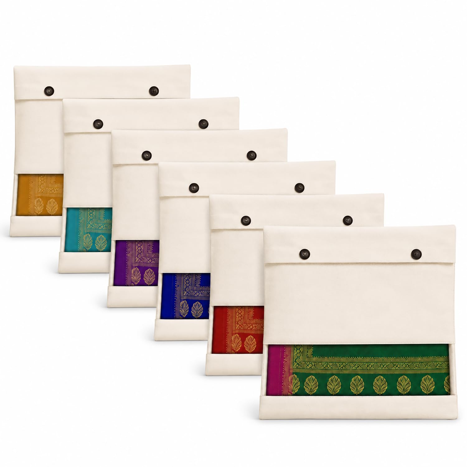Cotton Saree Cover with Button, Pack of 6, 16 x 14 Inch Saree Storage Bags, Transparent Window, Breathable Cotton Wardrobe Organizer for Silk, Banarasi, Kanjivaram, Lehenga & Clothes, Beige-image-23
