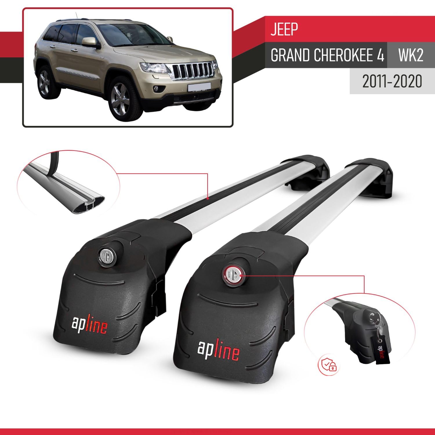 Compatibile con Jeep Grand Cherokee 4 (WK2) 2011-2020 Modello ACE-2 Barre Tetto Portapacchi Auto Barre Portatutto Grigio Alluminio 2 Barre