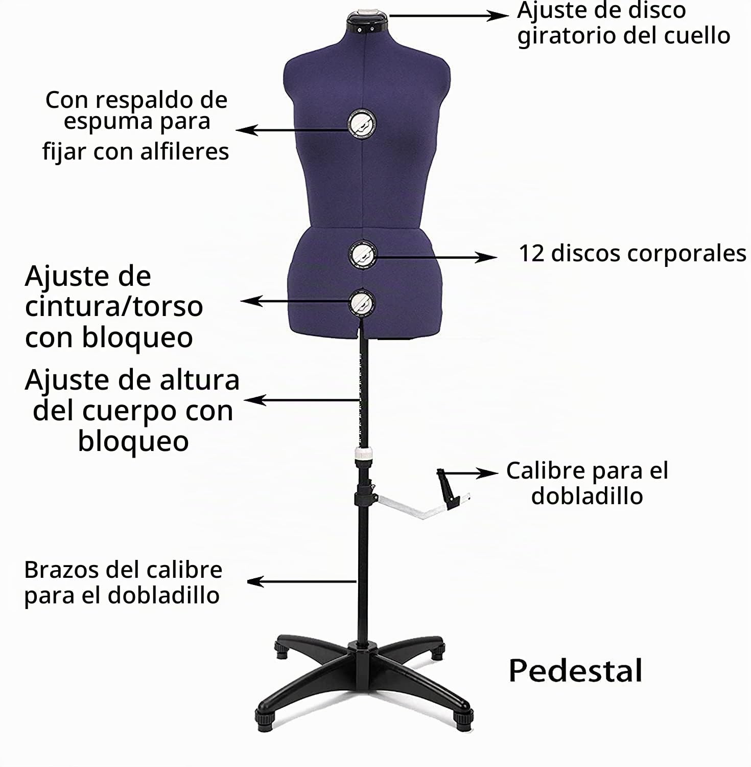 Maniquí de costura ajustable para mujer, con 13 ruedas de precisión, talla 42 a 50, ajustable, para pecho, cintura, cuello, ideal para proyectos de costura y exposición, color morado, L