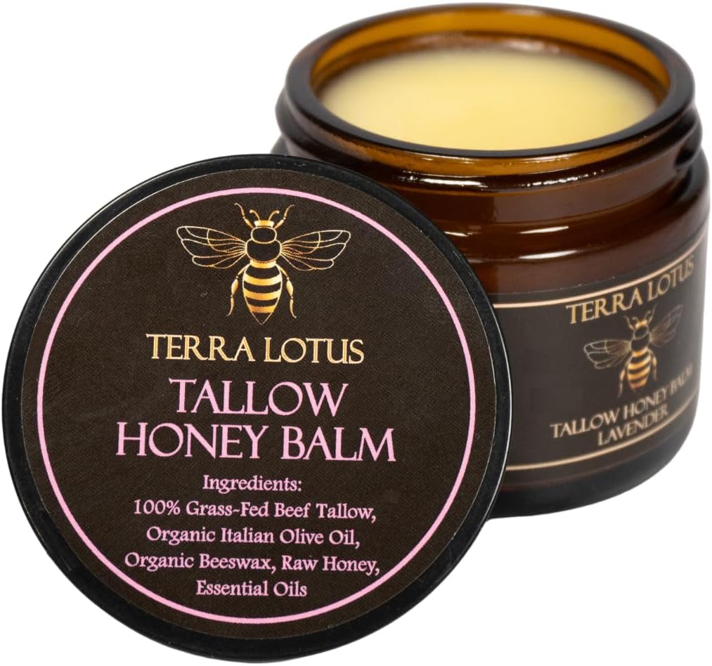 Terra Lotus Organic Grass-Fed Beef Tallow Balm with Raw Honey - Moisturizing Cream for Soft, Smooth Skin - Handmade All-Natural Moisturizer - 2oz (Lavender)