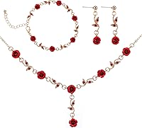 MBAIYO Red Rose Jewelry Set for Women - 3Pcs Vintage Necklace, Dangle Earrings & Bracelet for Wedding Prom Valentine Gift