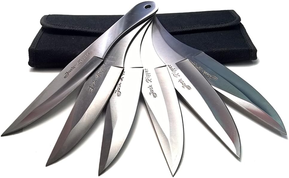 Avias Supply 9 Inch 6 Piece Stainless Steel Throwing Knife Set with Nylon Sheath (Jack Ripper (Silver))