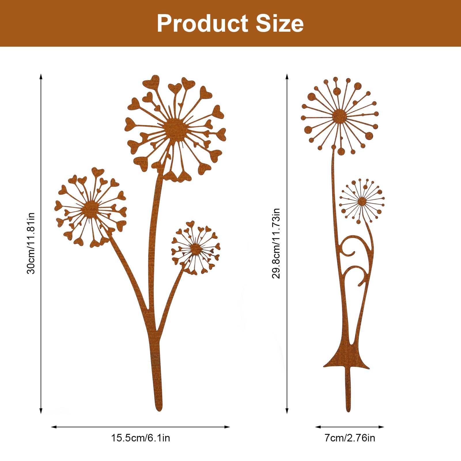 HFDONGL 2 Stück Gartenstecker Rost Deko Gartendeko Rost Pusteblume Metall Rostdeko Gartendeko für Garten Terrasse Balkon Blumentopf - 2