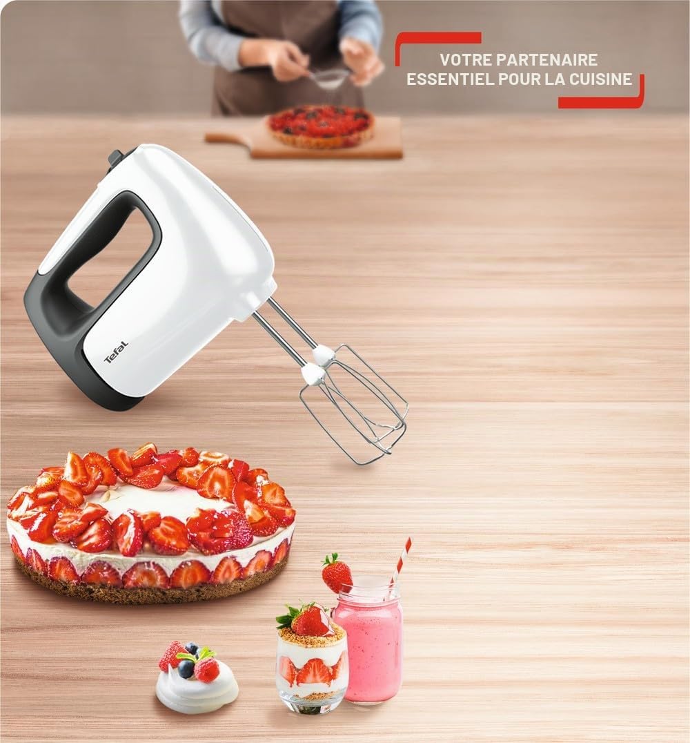 Tefal HT4611 Prep'Mix+ Batteur à main | 500 W | Bouton coulissant à 5 vitesses + Turbo | Accessoires inclus : 2 fouets, 2 crochets pétrisseurs, presse-purée/verre doseur | Blanc/noir