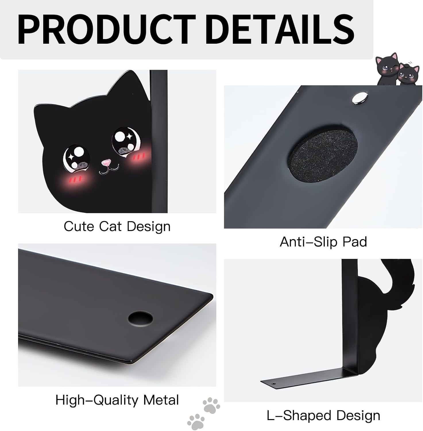 Cute Cat Bookends for Kids, Decorative Book Ends for Shelves image 3