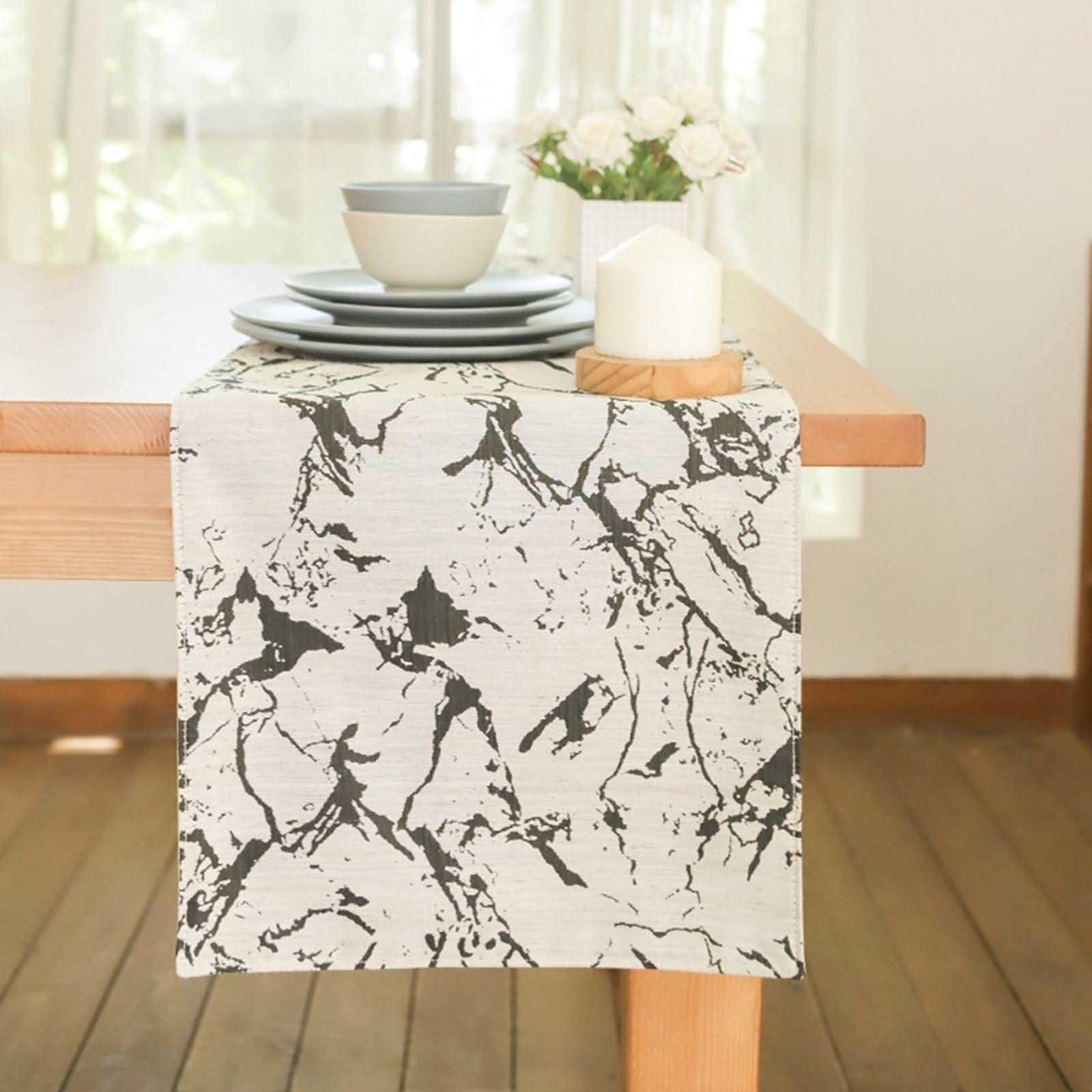 Tischläufer Modern, Tischdecke Rechteckig Schwarz Marmormuster Polyester 35X200cm Tischdeko Hochzeit
