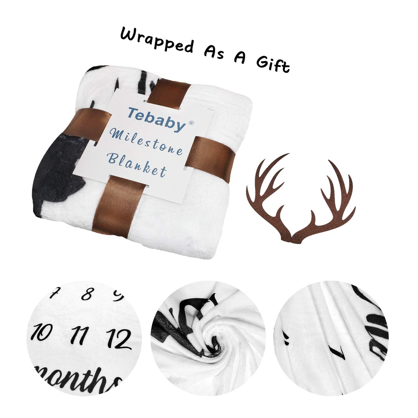 Manta mensual para bebé – Manta para recién nacido, unisex, neutral, personalizada, regalo de ducha, cornamentas de ciervos, decoración de guardería, fondo de fotografía con marco grande de 128 x 100