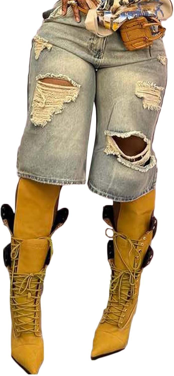 LETSVDO Womens Baggy Ripped Denim Shorts High Waist Straight Wide Leg Distressed Y2k Casual Bermuda Cargo Jean Shorts