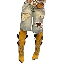 LETSVDO Womens Baggy Denim Shorts Wide Leg Ripped Cargo Jean Long Jorts