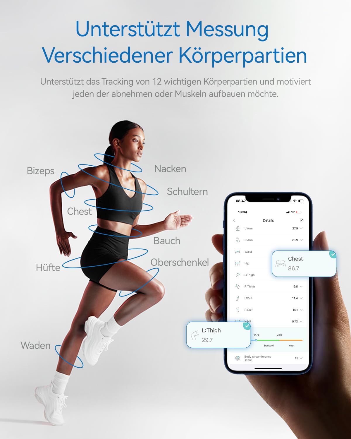 Smart Körpermaßband, Bluetooth Digitales Maßband Körper mit App für Messen der Körperumfänge von Bizeps, Brust, Hüfte, Waden, Oberschenkel und Hals, Körpermassband mit LED-Klardisplay, 150CM