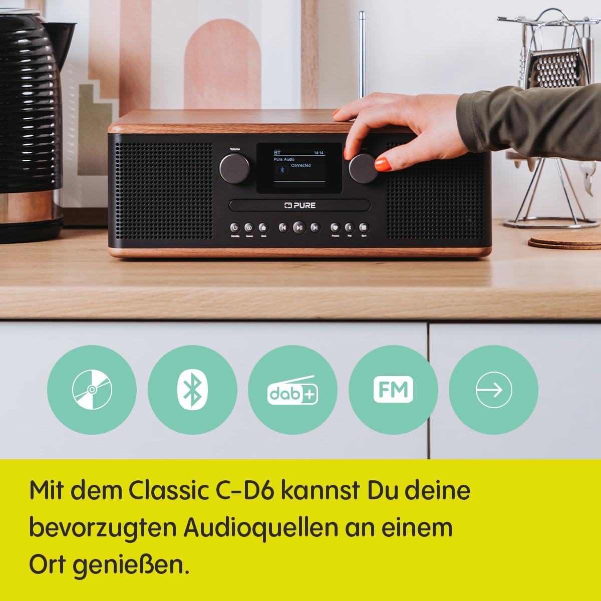 Pure Classic C-D6 CD-Player mit DAB+ Digitalradio & UKW, Bluetooth 5.3 Stereoanlage 2x15W, USB & AUX, 2,4 Zoll TFT-Farbdisplay, Fernbedienung, Kaffeeschwarz/Walnuss