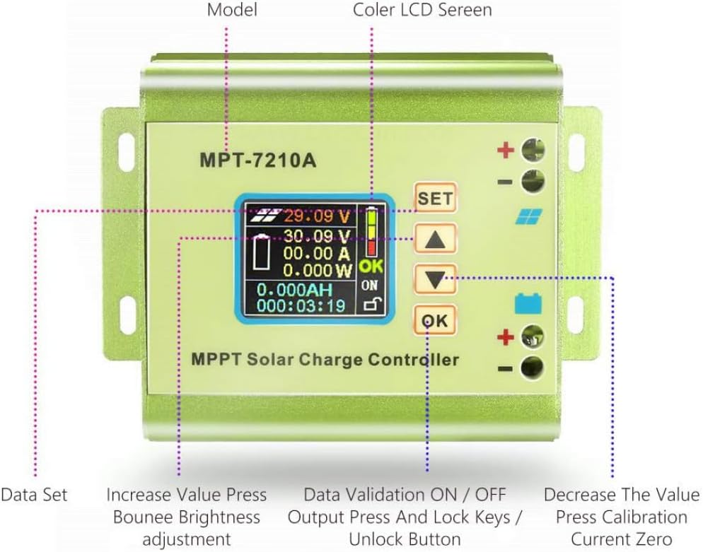 MPPT Solar Controller MPT-7210A LCD Display 24V 36V 48V 60V 72V 10A Adjustable for Lithium Battery 1PCS