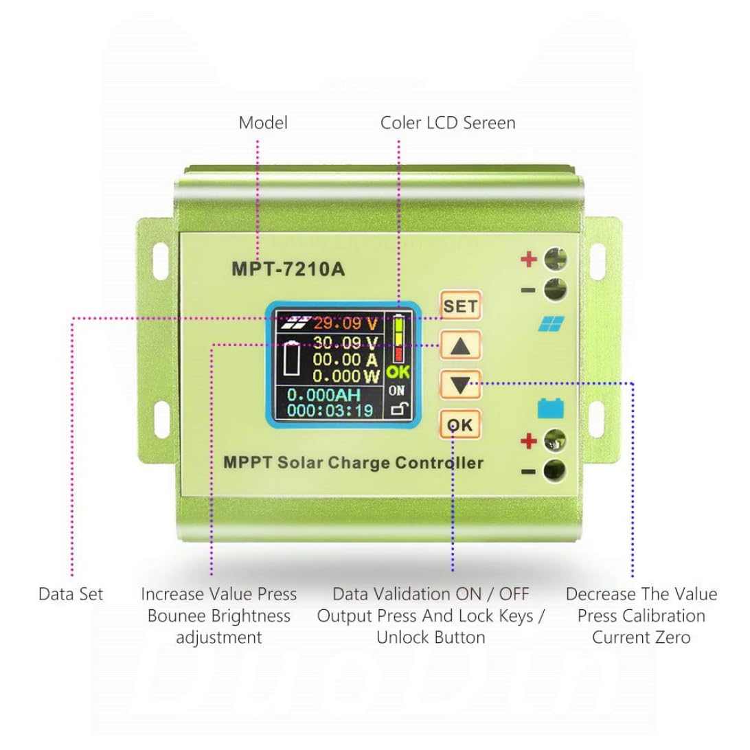 Contrôleur de charge solaire MPPT MPT-7210A Affichage LCD 24V 36V 48V 60V 72V 10A Réglable pour la batterie au lithium