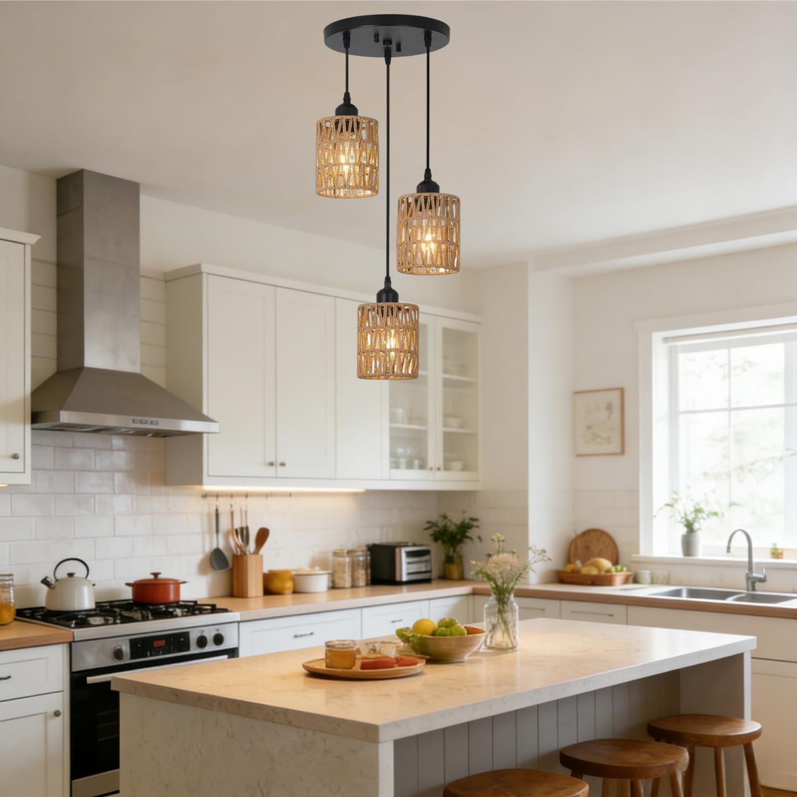 Lampade a Sospensione 3 Luci a Rattan, Retrò Paglia da Soffitto | Boho Lampadario Cucina, Attacco E26, Cavo del Ciondolo Regolabile, Lampadina non Inclusa, per Soggiorno Camera da Letto-Nero