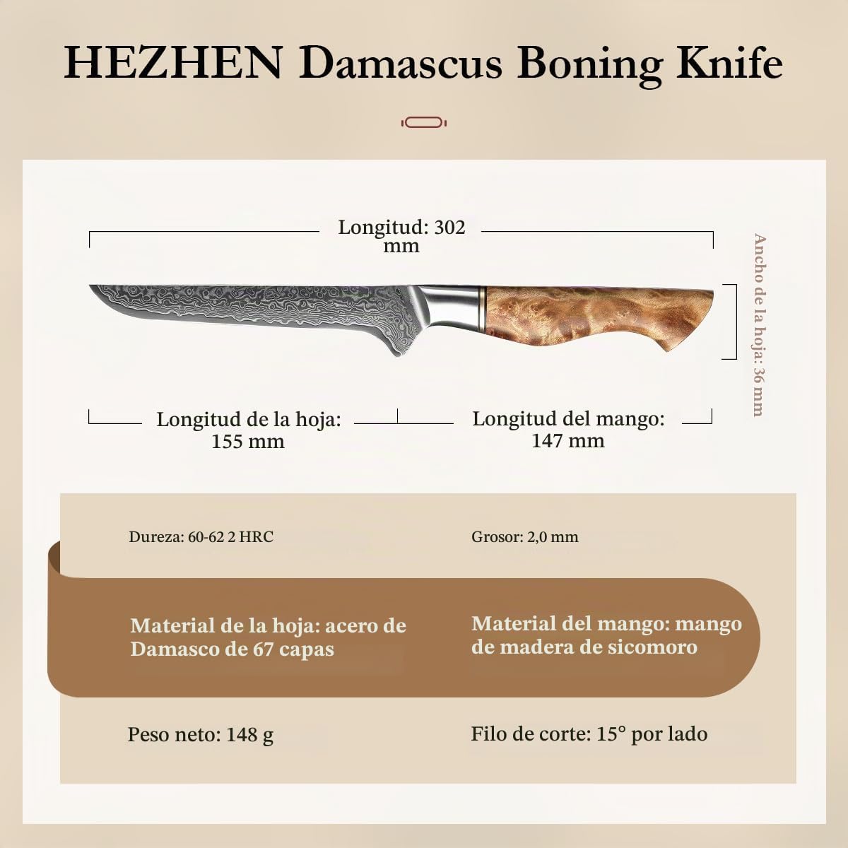 HEZHEN Damasco Cuchillo de Filete, Cuchillo para Pescado Profesional, Cuchillos de Deshuesar Damasco
