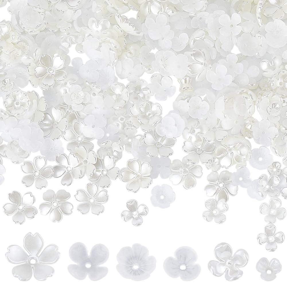 SUNNYCLUE 1 Box 600Pcs White Flower Bead Clear Flower Spacer Beads Plastic Tulip Flowers Lily Petal Bead caps Acrylic Floral End capss Loose Beads Assortments for Jewelry Making Supplies DIY Bracelets