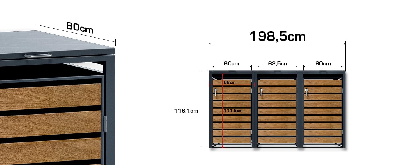Metzler box pattumiere design antracite & effetto legno 3x240L, acciaio verniciato a polvere, robusto e chiudibile