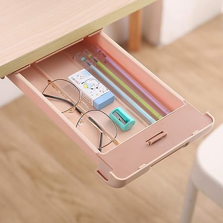 Amazon 取り付けできる引き出し 引き出しミニ スライド収納ボックス 天板下 机デスク 引出し 小物入れ 収納 便利グッズ トレー 引き出し 在宅勤務 両面テープ付き スマホ リモコン ペン はさみ 文房具 カトラリー 整理整頓 ピンク 引き出し仕切り トレー 文房具