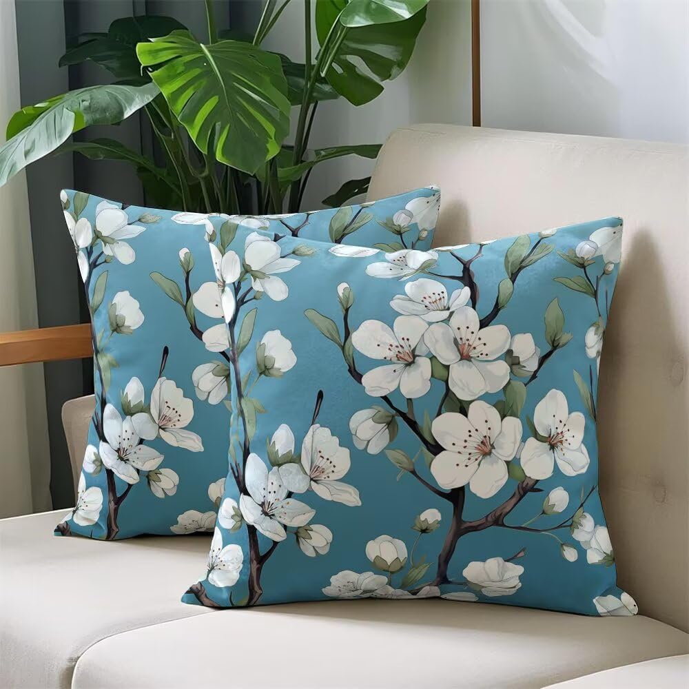 Federe Cuscini Divano 60x60 cm Federe Morbido Copricuscini Blu in Velluto, 2 Pezzi Copri Cuscini per Divano Primavera Decorativi Federa Cuscino Fiori Bianchi per Camera da Letto Soggiorno (IU49)