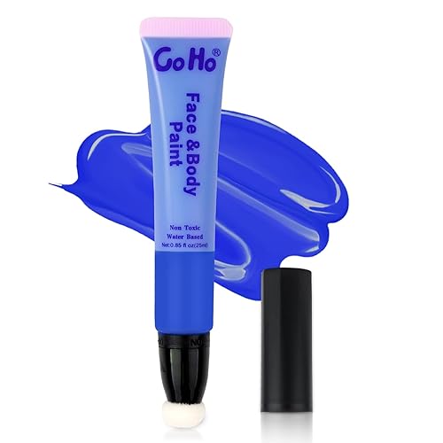 Go Ho Pintura facial azul crema (0.85 onzas), pintura corporal azul a base de agua, lavable para adultos y niños, varita de pintura facial de