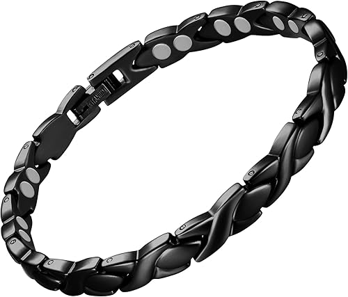 Feraco Pulsera Magnética para Mujeres de Acero de Titanio Pulsera de Terapia Magnética con Imanes de Neodimio, Eslabones Únicos en Forma de X (Negro)