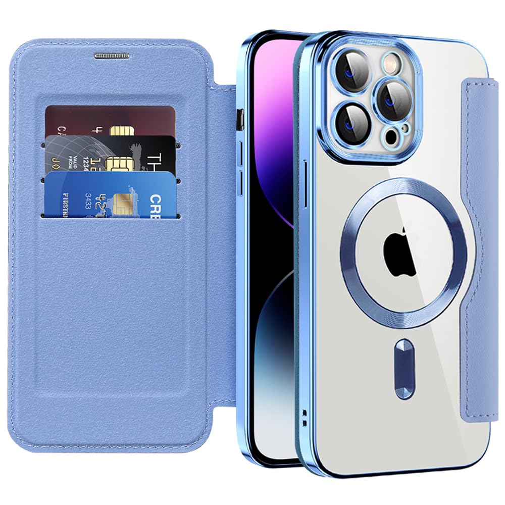 UToYafor iPhone 14 Pro Max Case,[Camera Protection] [Compatible with MagSafe] Shockproof Full Body Protection Card Slot Flip Folio Wallet Case with PU Leather Case (Blue)