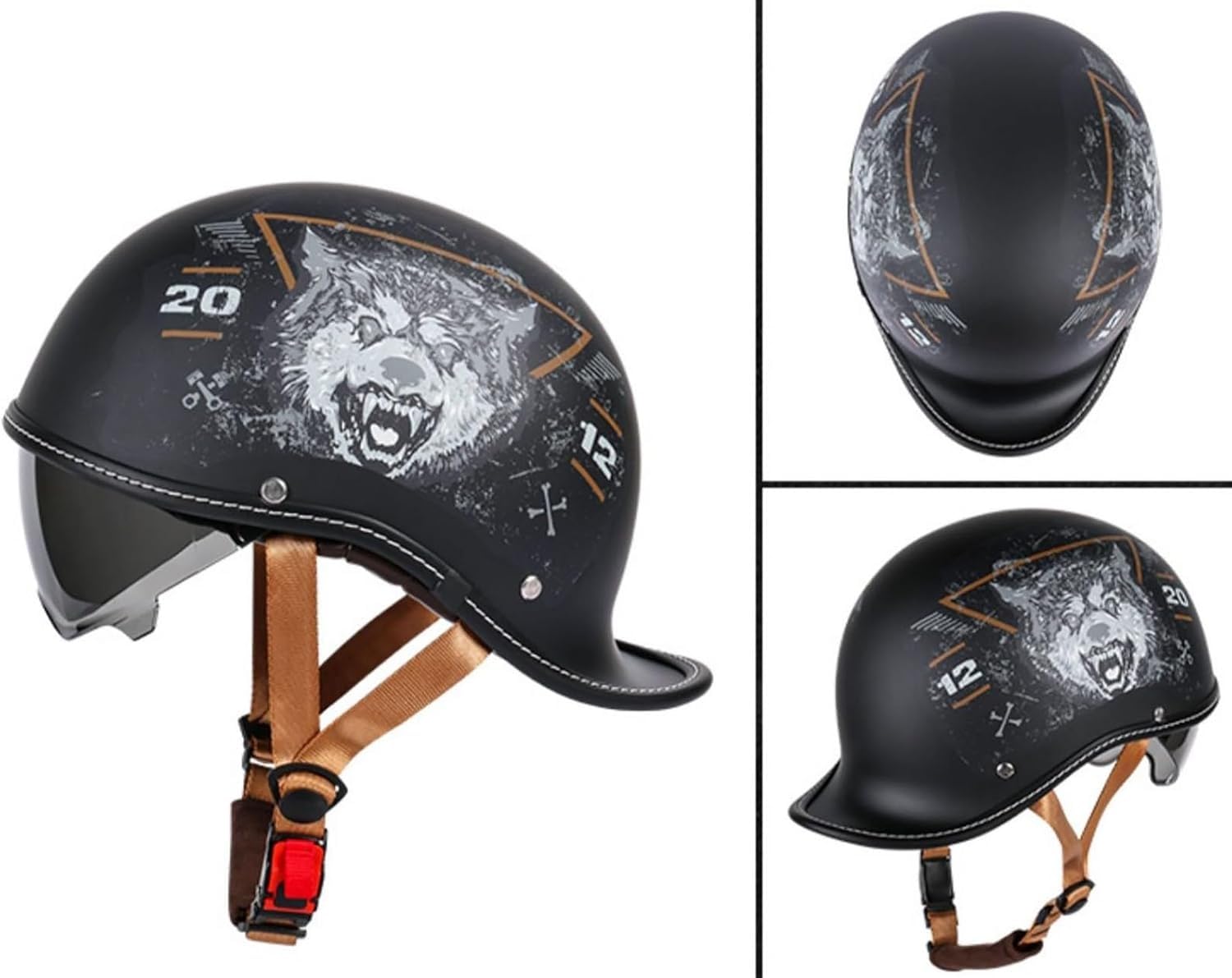 Duitse Leren Motorfietshelmen, Retro Halfschaalhelm, Jethelm Met Vizier Snelsluiting Voor Cruiser Chopper Biker Bromfiets Dot Ece E Xl 60 61cm 2723930137