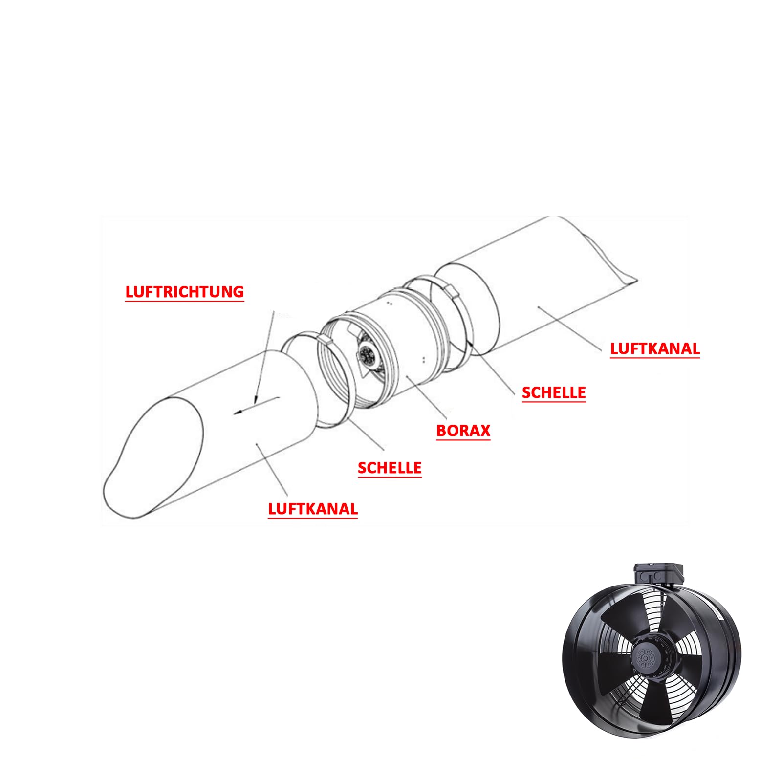BORAX Power Axial Turbo Rohrventilator Zu-Abluft Rohrlüfter Axiallüfter Gebläse Axialventilator 200mm 250mm 300mm 350mm mit Drehzahlregler - 5A Regler (200)