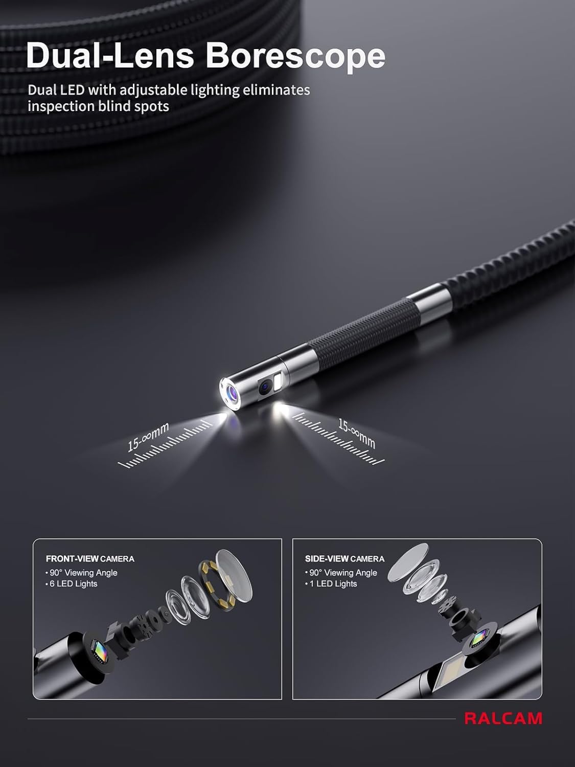 Ralcam Endoskopkamera mit Licht Endoscope Camera - 360° Endoskop Schwenkbarer 720P Inspektionskamera mit Licht Rohrkamera, Kameras mit 6 LED, IP67 (6,5mm Dual-Sonde/1,5M)