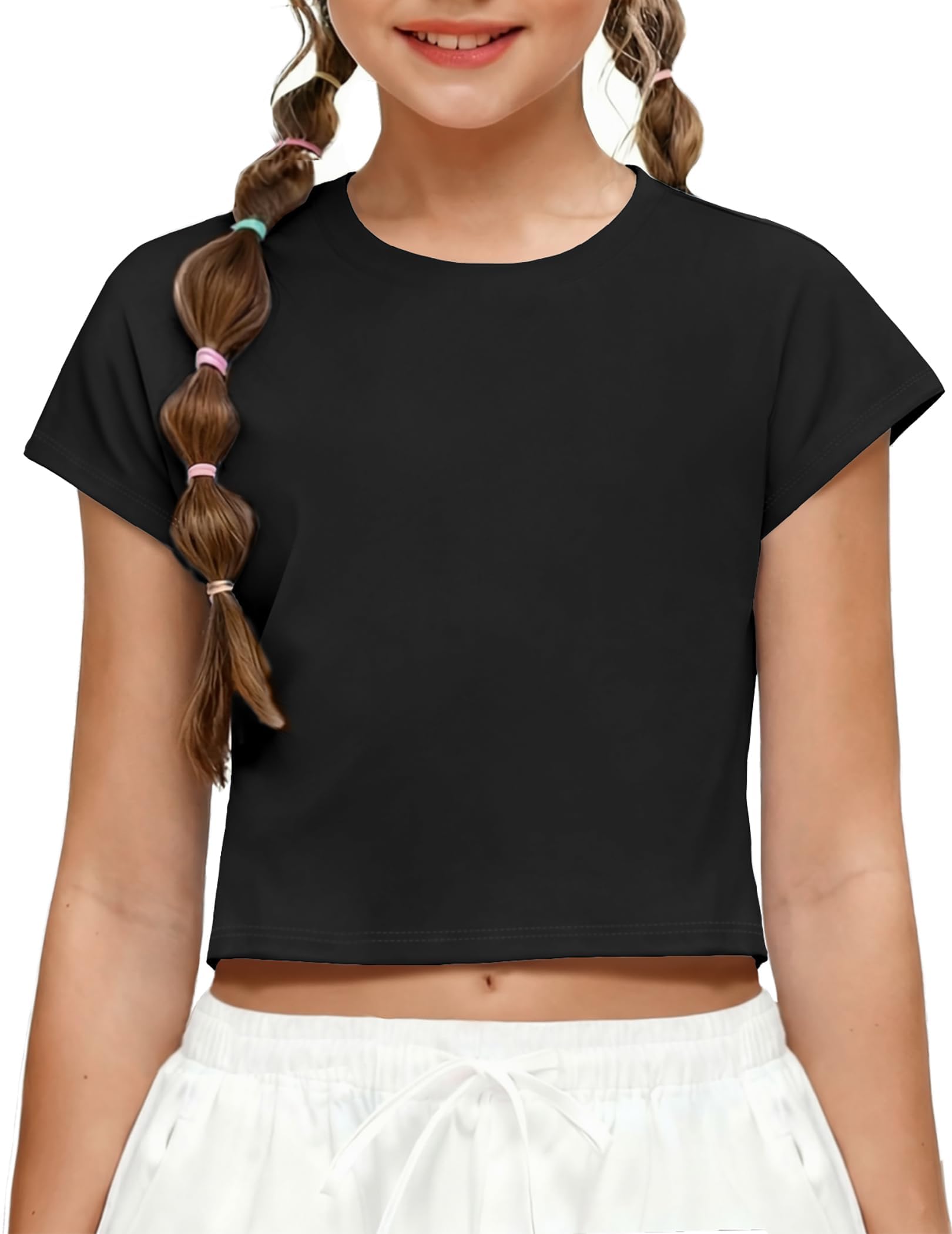 Arshiner Mädchen T-Shirts Crop Top Kurzarm Sport Sommer Tee Kinder Einfarbig Locker Tops Rundhals Kurze Tshirt Casual Mode Oberteile Mädchenkleidung 5-12 Jahre