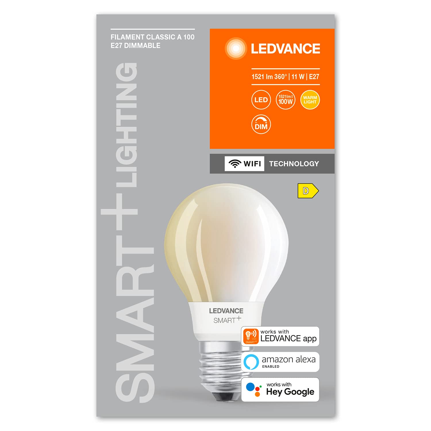 LEDVANCE Bombilla LED inteligente con tecnología Wifi, base E27, regulable, blanco cálido (2700K), forma de bombilla, mate, reemplazo de bombillas de 75W, controlable con Alexa, Google y App
