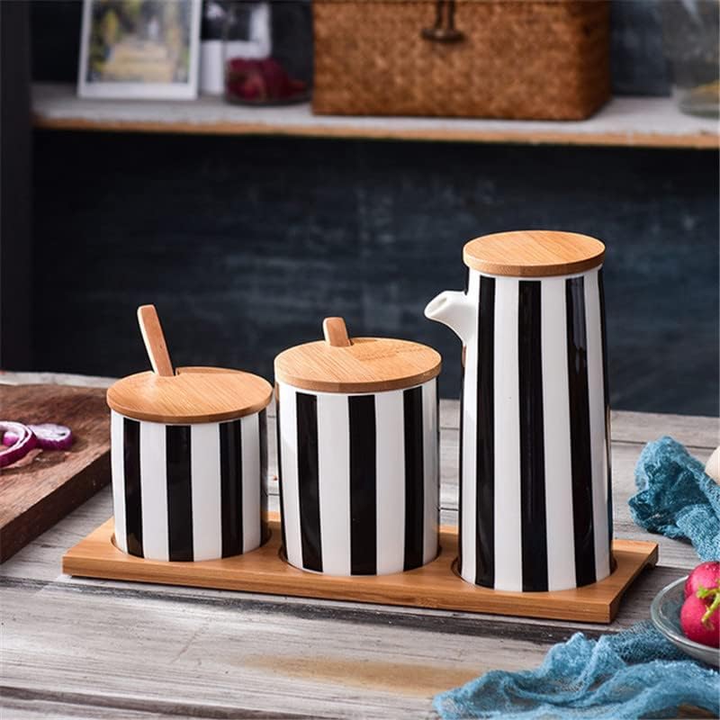Nordic Ceramic Black and White Striped Spice Jar Set Salt Pepper Shaker Sugar Bowl Oil Soy Sauce Bottle Vinegar Pot Kitchen Tool (L)