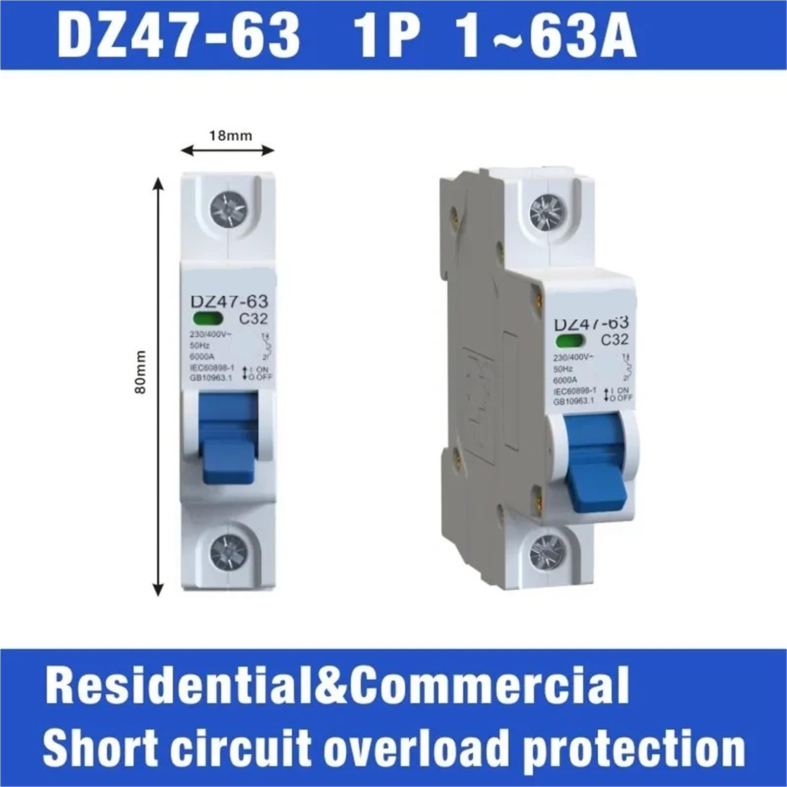 MCB DZ47-63 230V 400V Mini Miniature Circuit Breaker 3P 4P Magnetothermal Switch 1Pcs(4,6A)