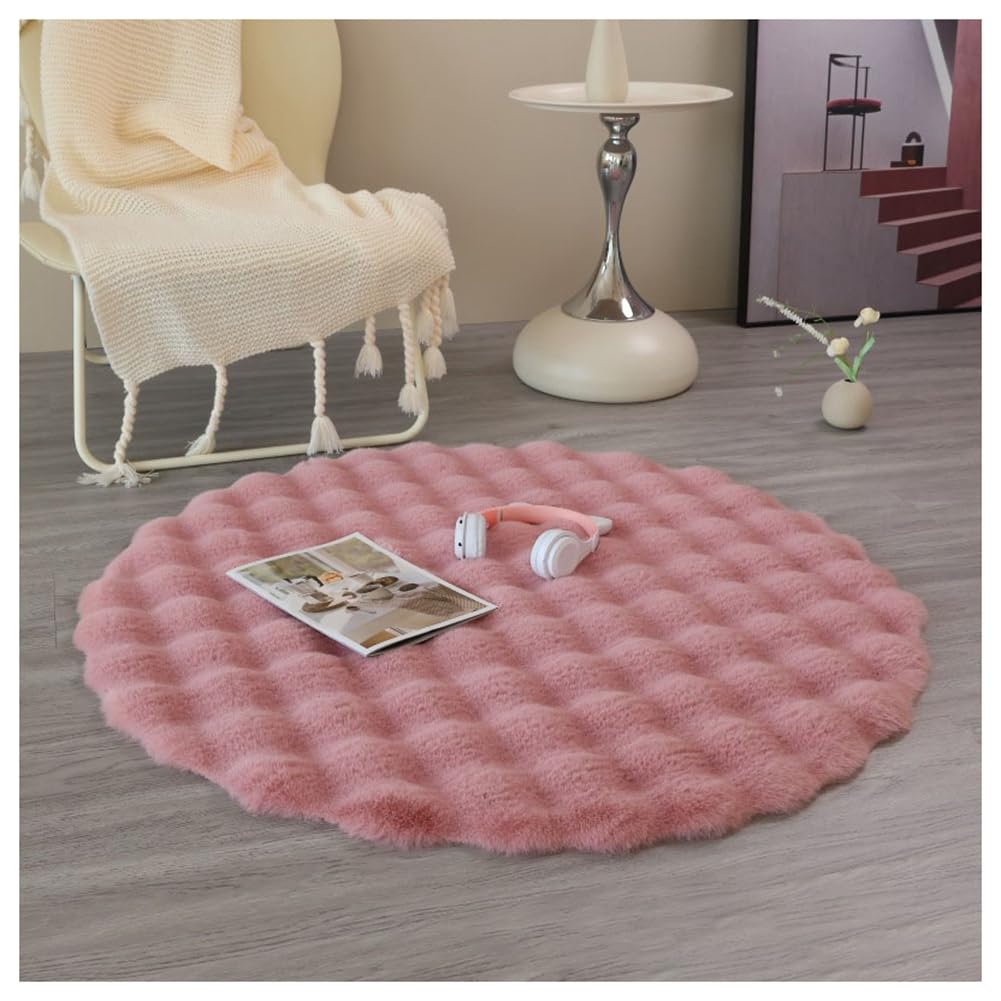 Tapis rond en fourrure synthétique rose 140 cm pour salon